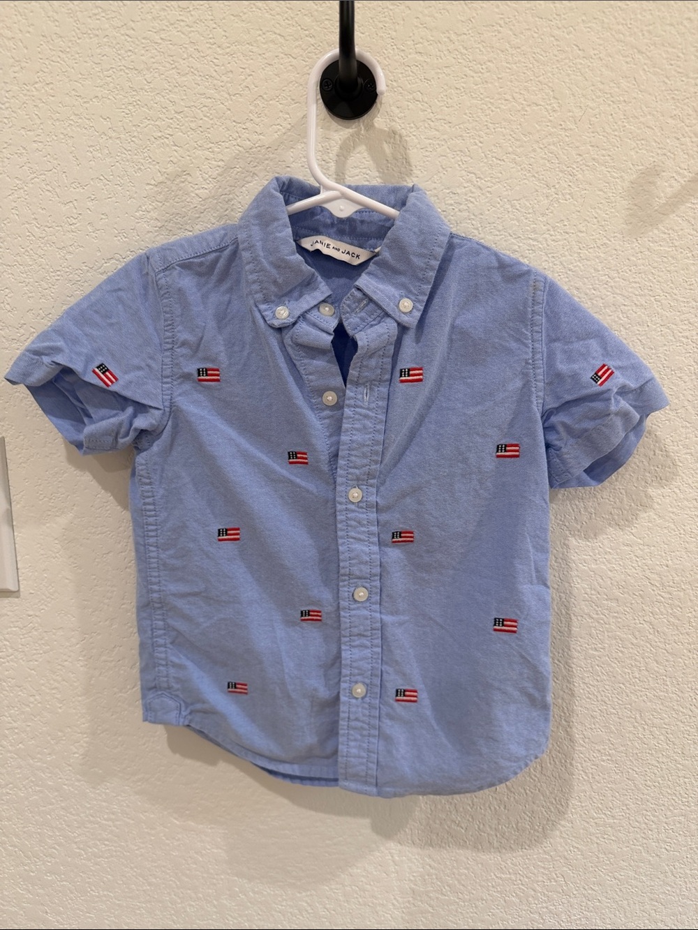 Janie and Jack Short Sleeve Button-Up with Flag Embroidery